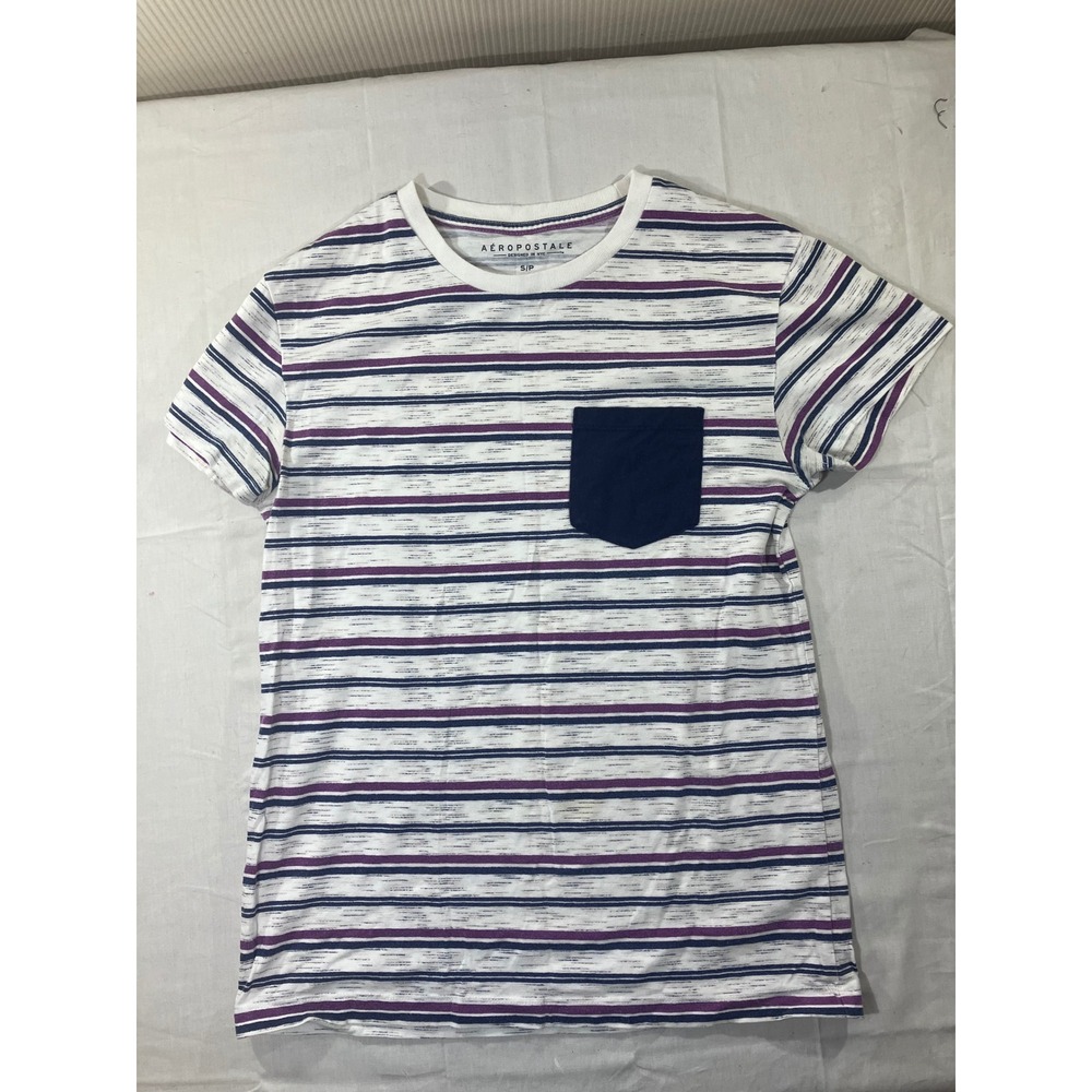 Aeropostale Womens Striped Pocket T Shirt Size S P White Purple Blue